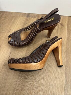 MICHAEL Michael Kors Dark Brown Leather Woven Slingback Platform Heels 9